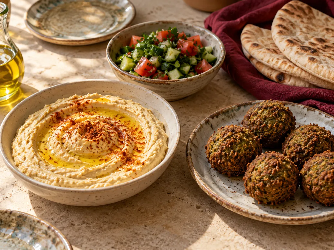 Hummus, falafel, pan pita y ensalada de tomate y pepino para compartir