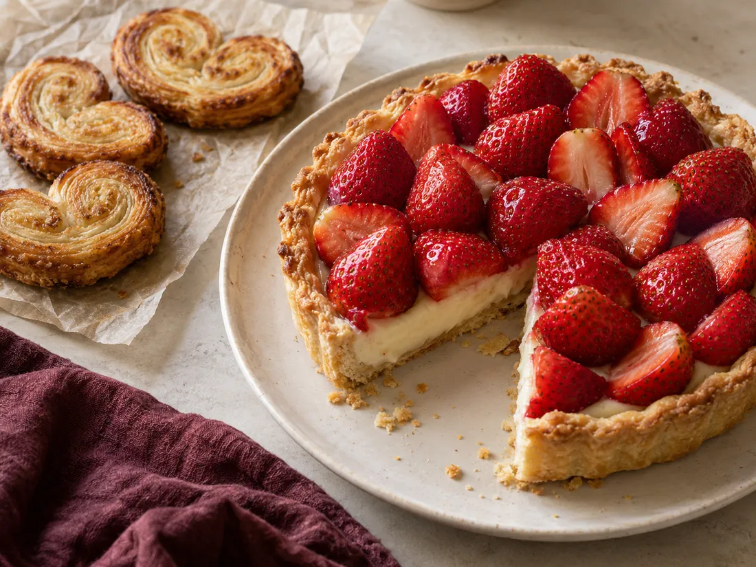 Tarta de frutillas y palmeritas sobre una mesa con lino bordó