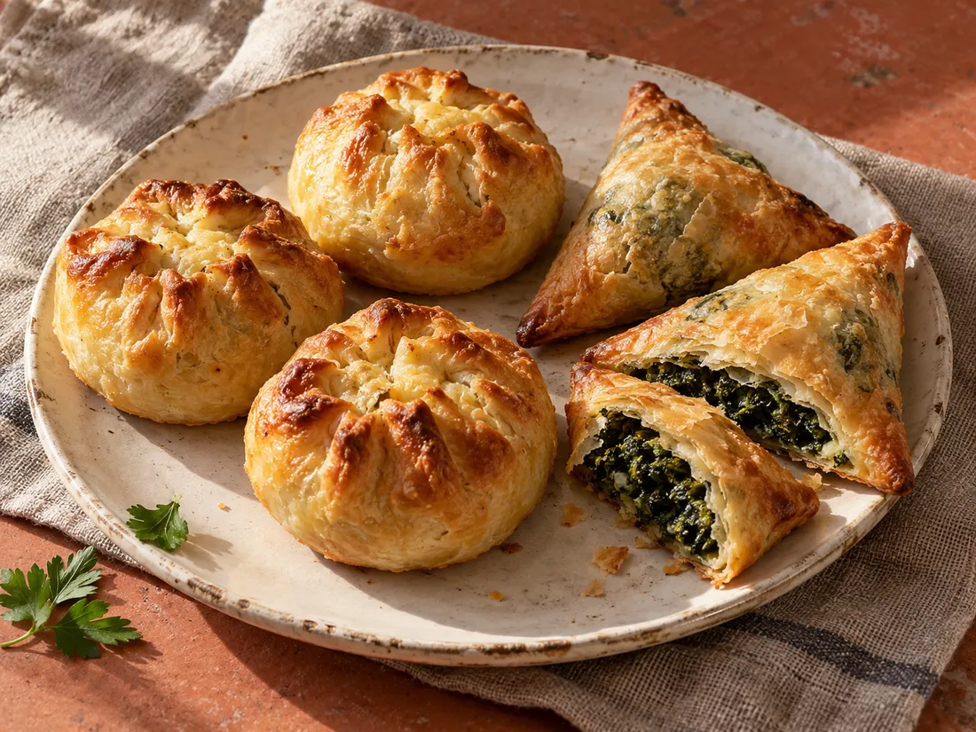 Knishes de papa y fatay de verdura dorados sobre un plato de cerámica
