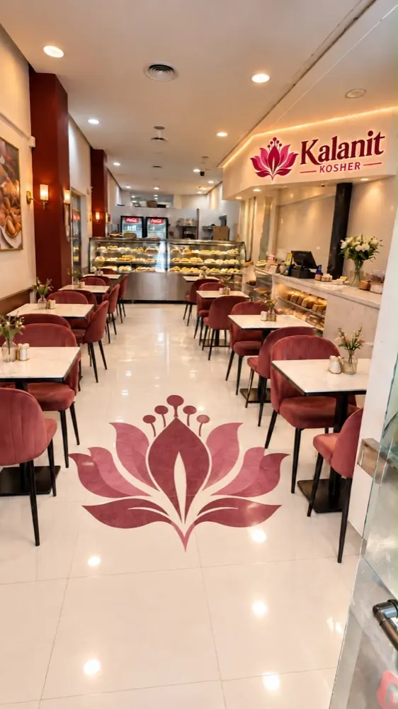 Interior de Kalanit Kosher, con mesas y mostrador